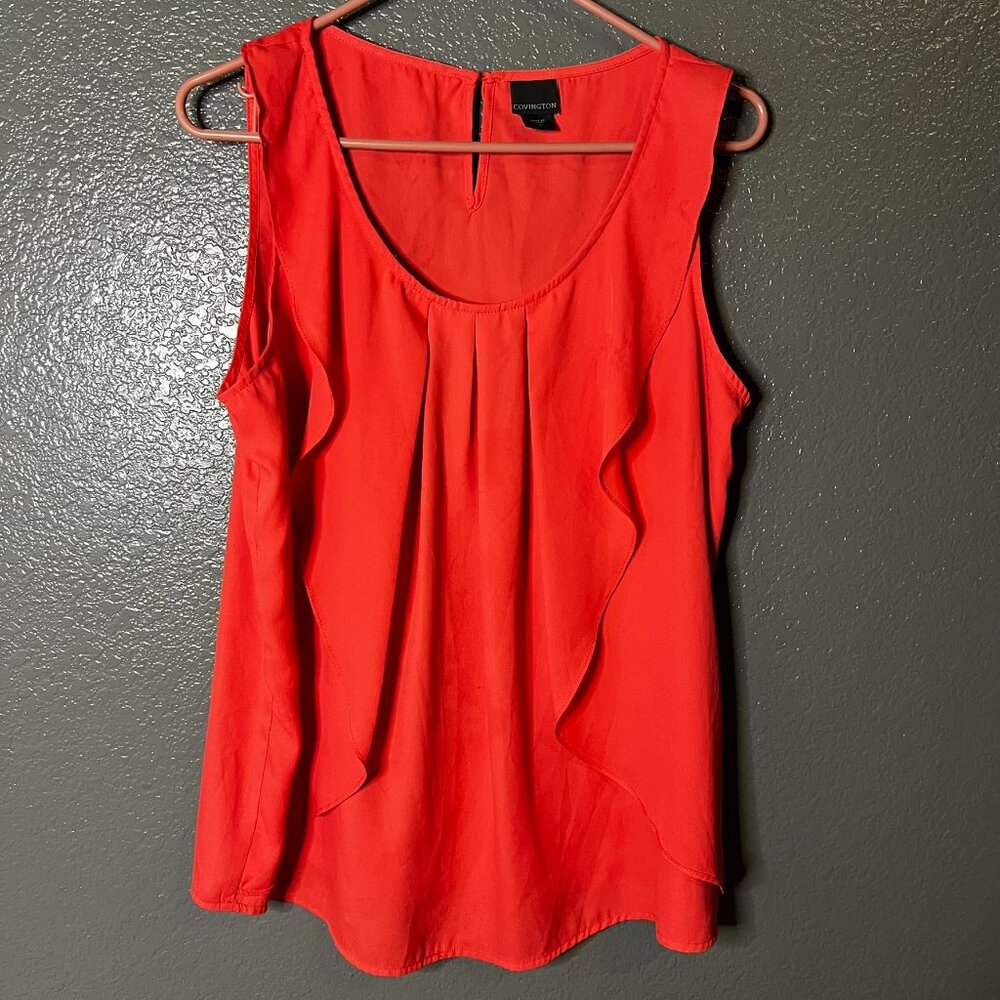 Covington Large Coral Orange Cascading Ruffle Sleeveless Blouse Top